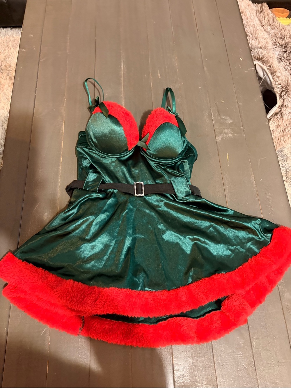 Emerald Green Satin Holiday Chemise with Red Faux-Fur Trim